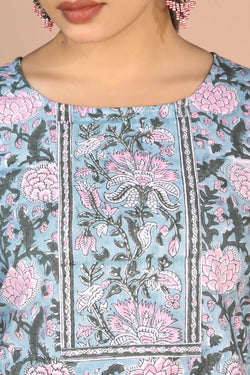 Image of Floral Sanganeri handblock printed cotton Kurti