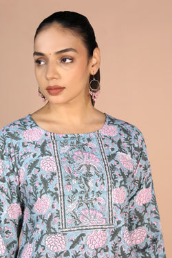 Image of Floral Sanganeri handblock printed cotton Kurti