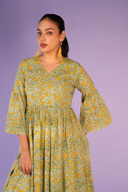 Image of Floral pista green Sanganeri handblock printed kurti