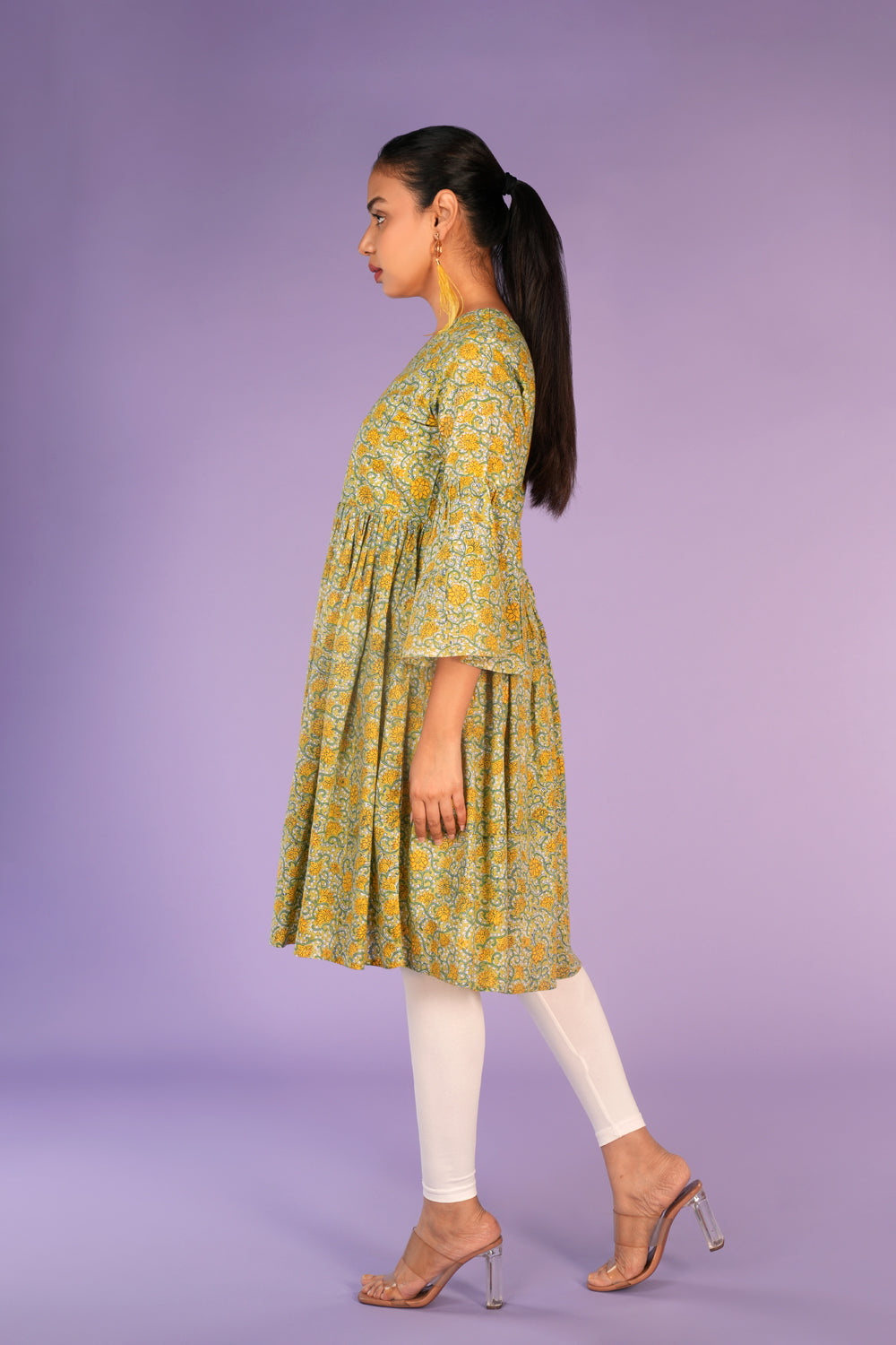 Floral pista green Sanganeri handblock printed kurti