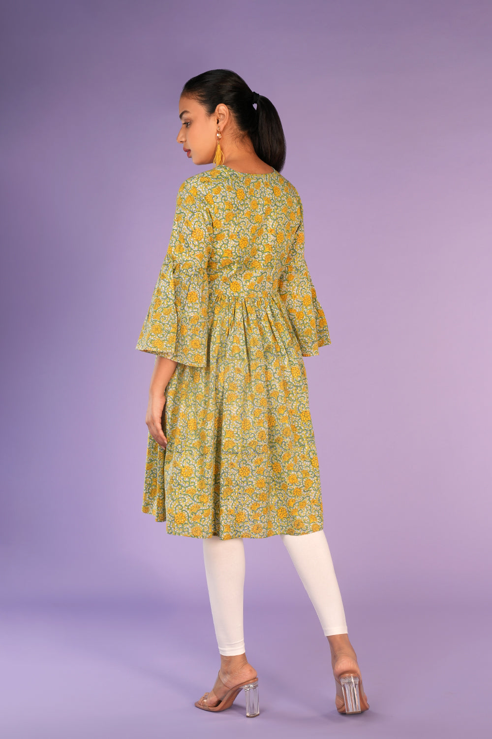 Floral pista green Sanganeri handblock printed kurti