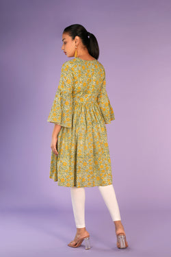 Image of Floral pista green Sanganeri handblock printed kurti