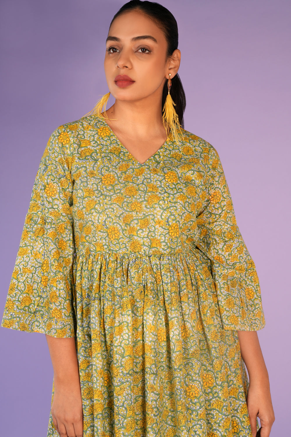 Floral pista green Sanganeri handblock printed kurti