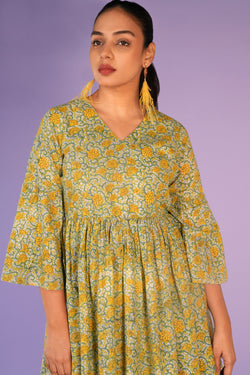 Image of Floral pista green Sanganeri handblock printed kurti