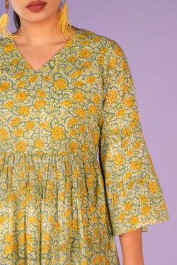 Image of Floral pista green Sanganeri handblock printed kurti