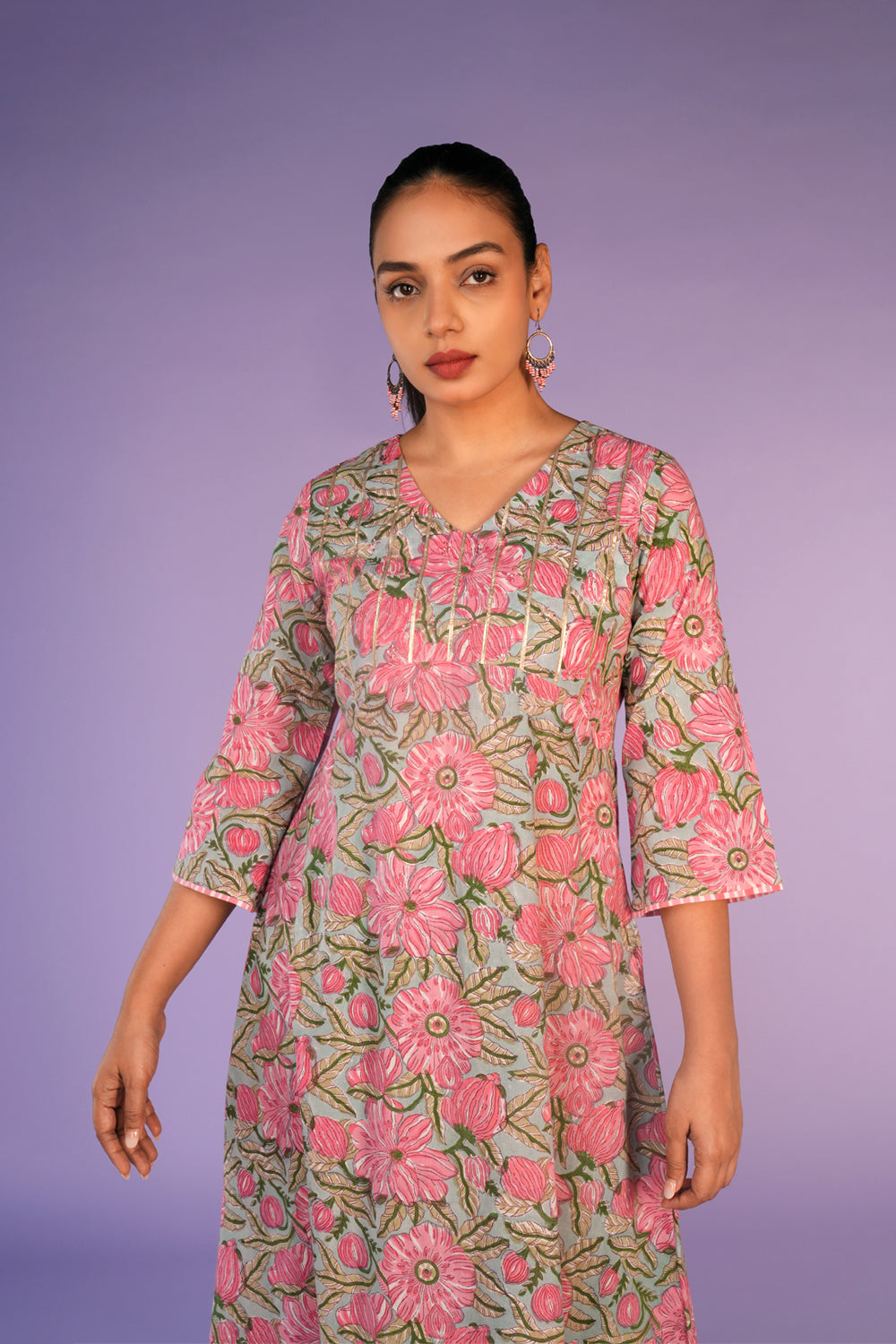 Rose Pink hand block printed cotton kurta