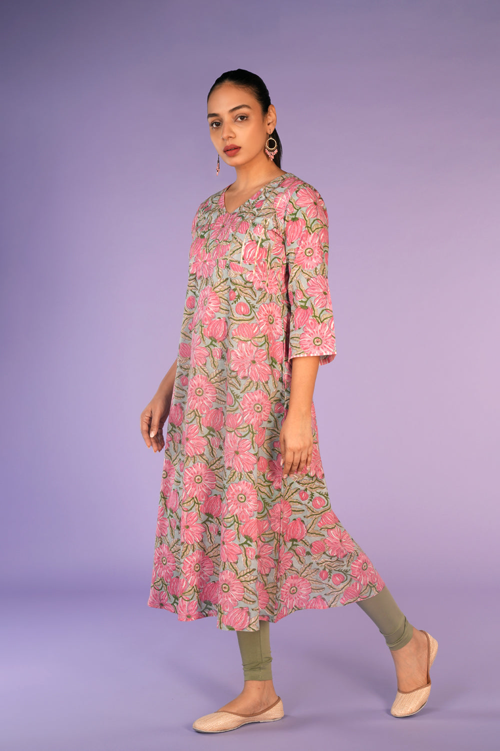 Rose Pink hand block printed cotton kurta