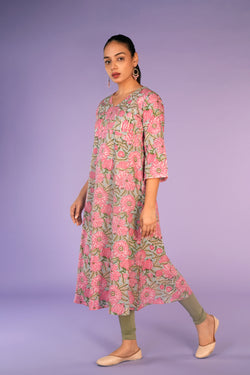 Image of Rose Pink hand block printed cotton kurta