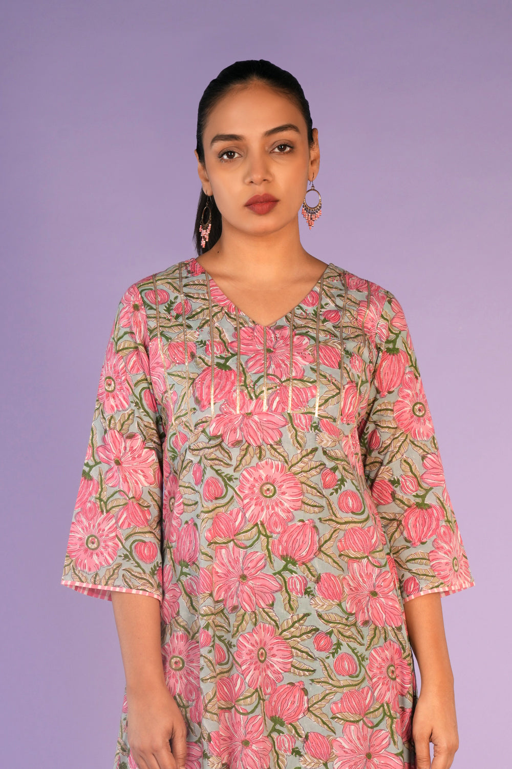 Rose Pink hand block printed cotton kurta