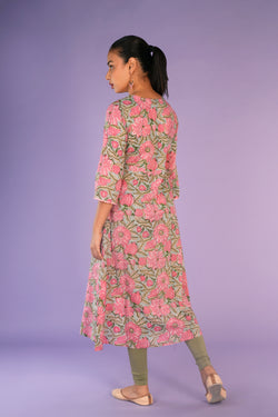 Image of Rose Pink hand block printed cotton kurta