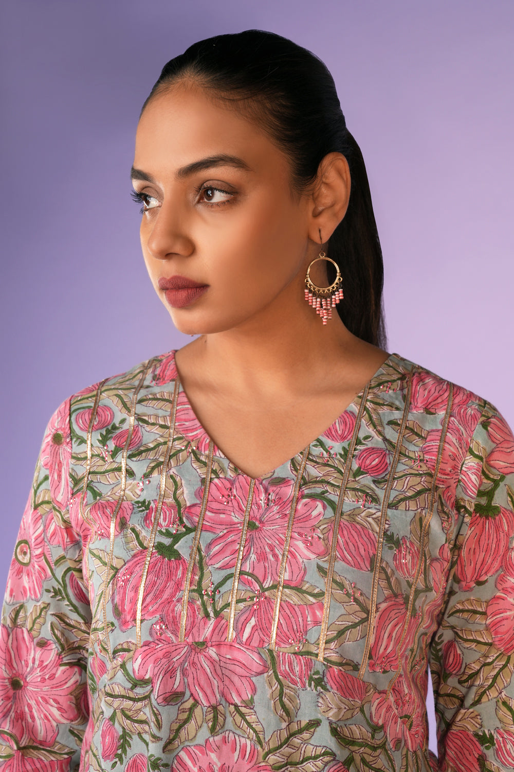 Rose Pink hand block printed cotton kurta