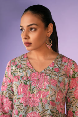 Image of Rose Pink hand block printed cotton kurta