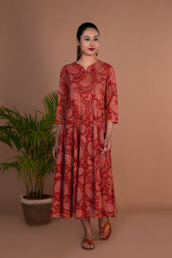 Image of Maroon block printed long dress