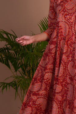 Image of Maroon block printed long dress
