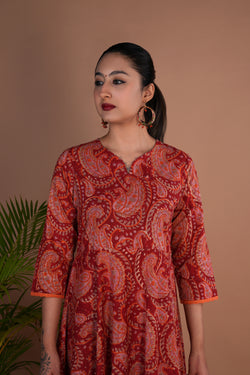 Image of Maroon block printed long dress