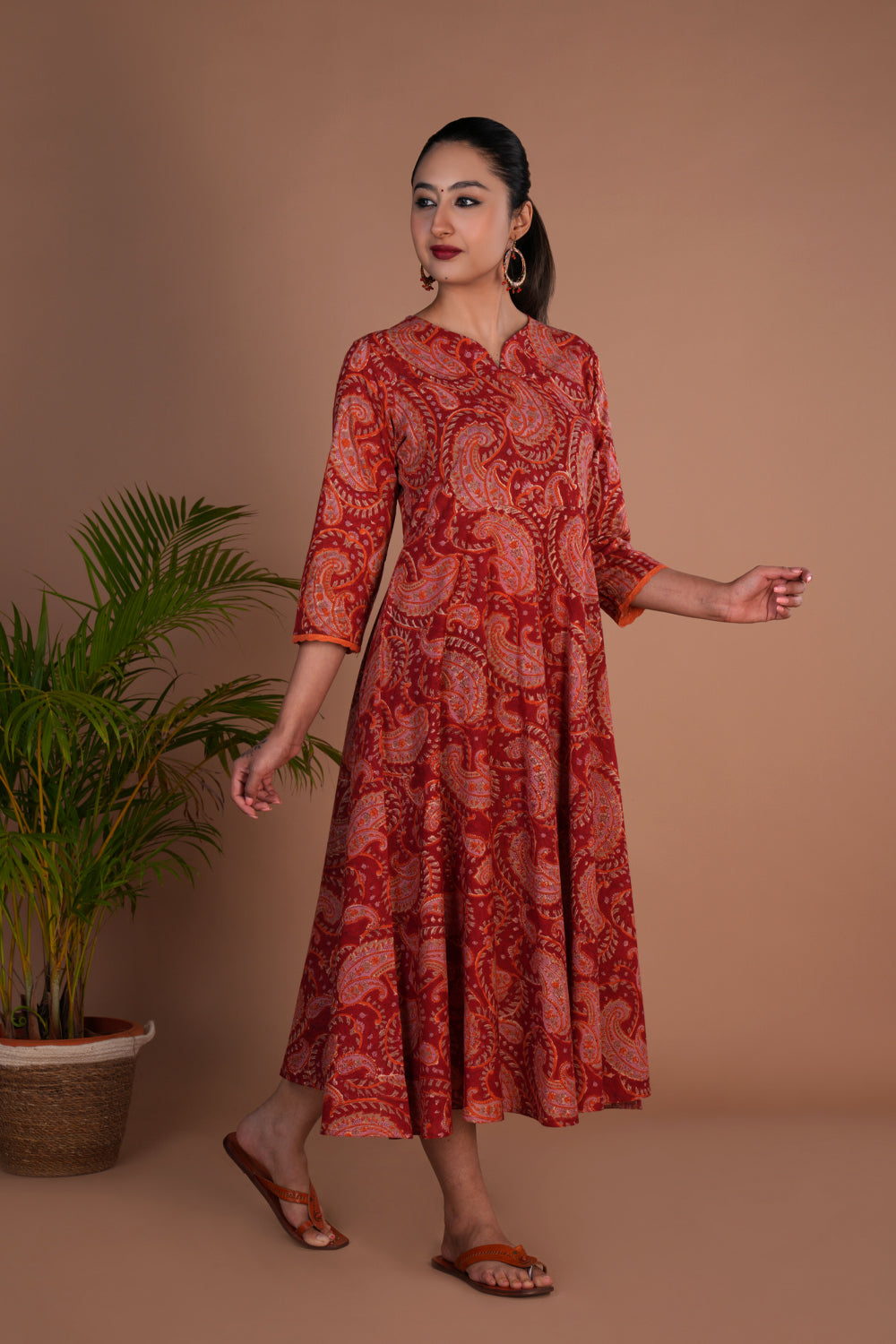 Maroon block printed long dress