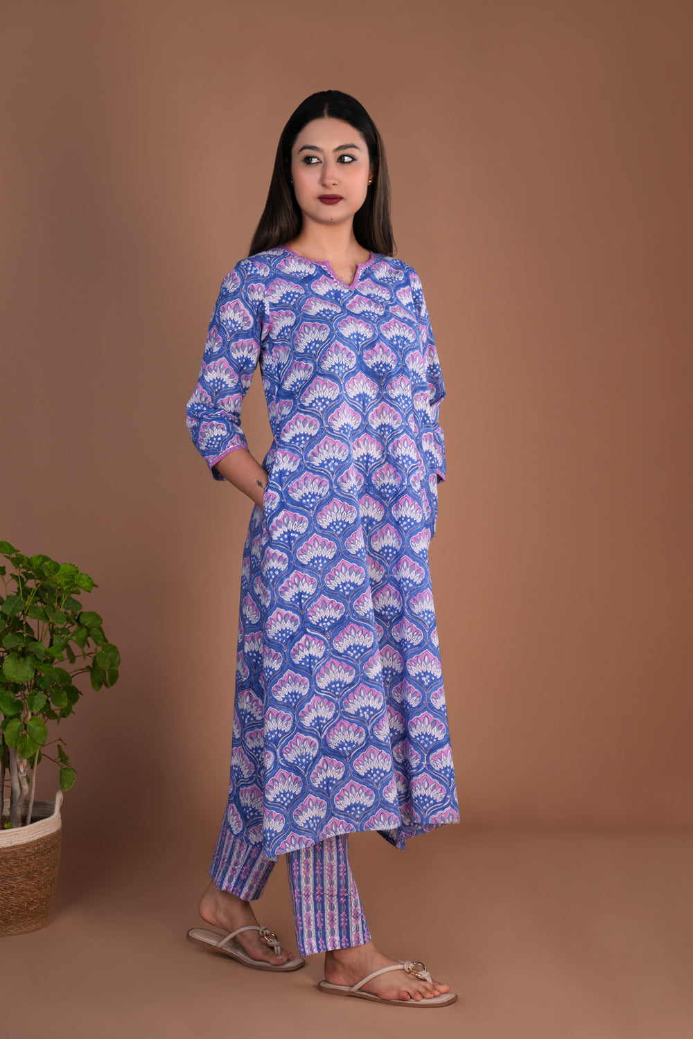 Lilac block printed cotton kurta and pants set.