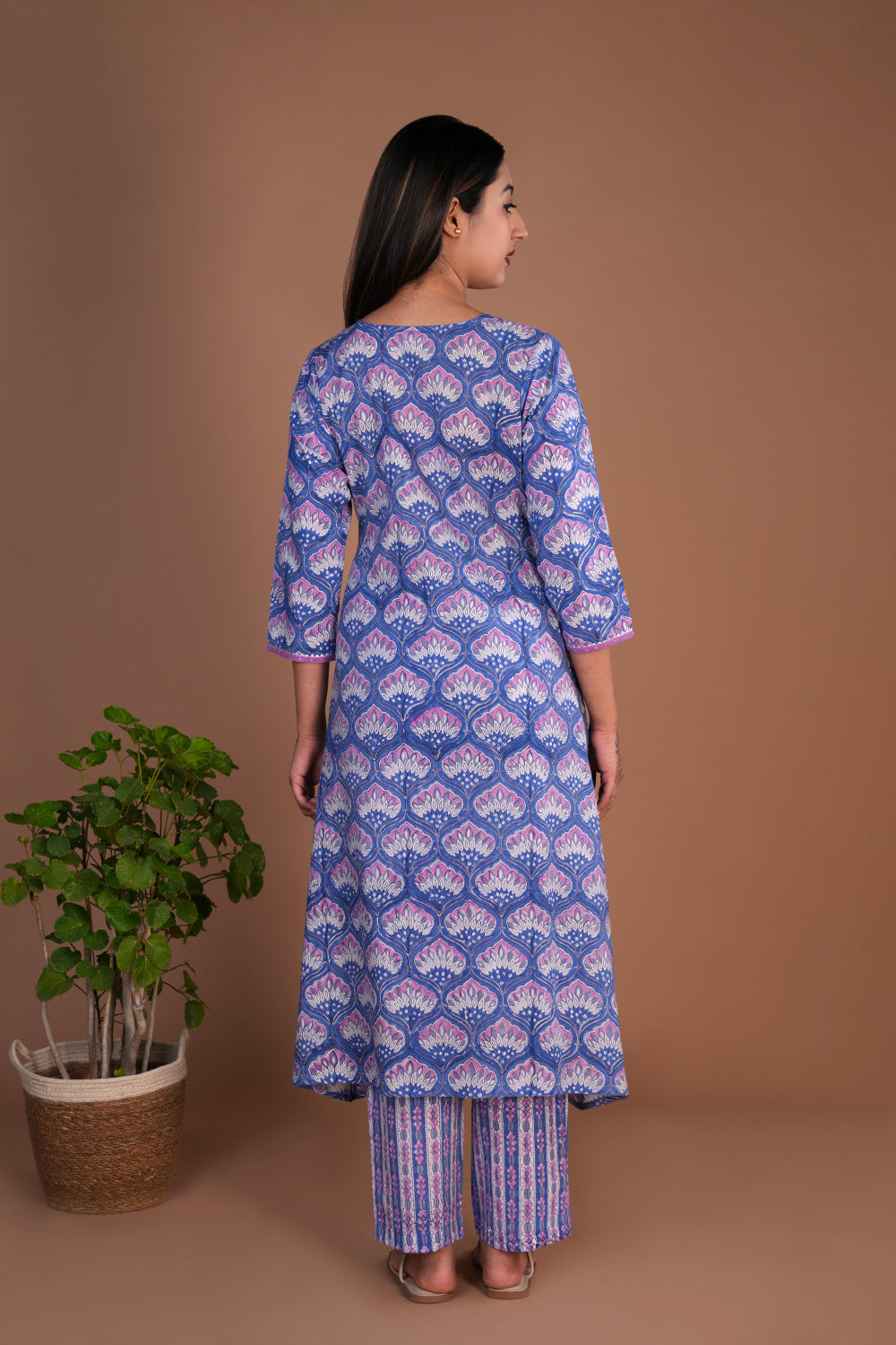 Lilac block printed cotton kurta and pants set.