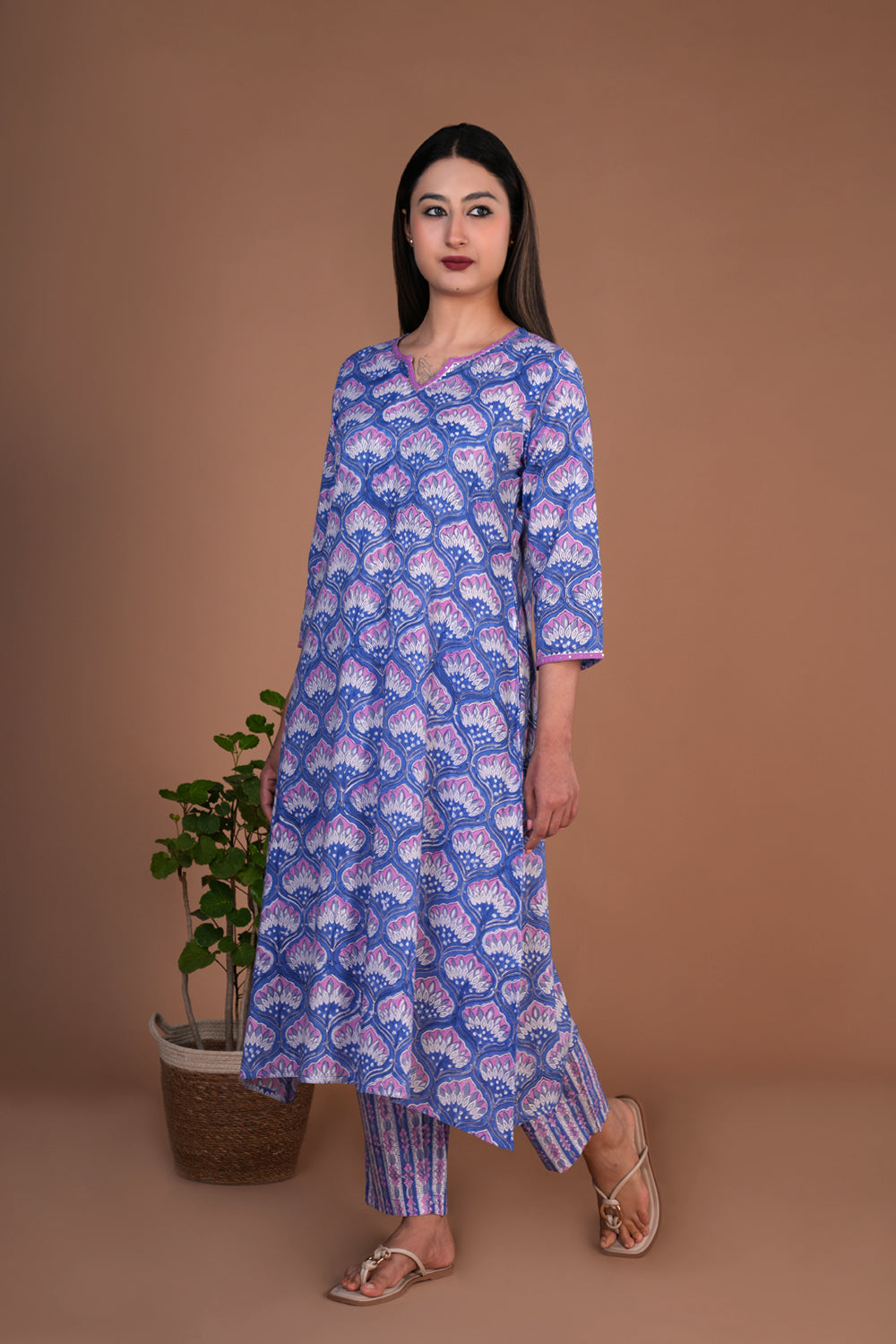 Image of Lilac block printed cotton kurta and pants set
