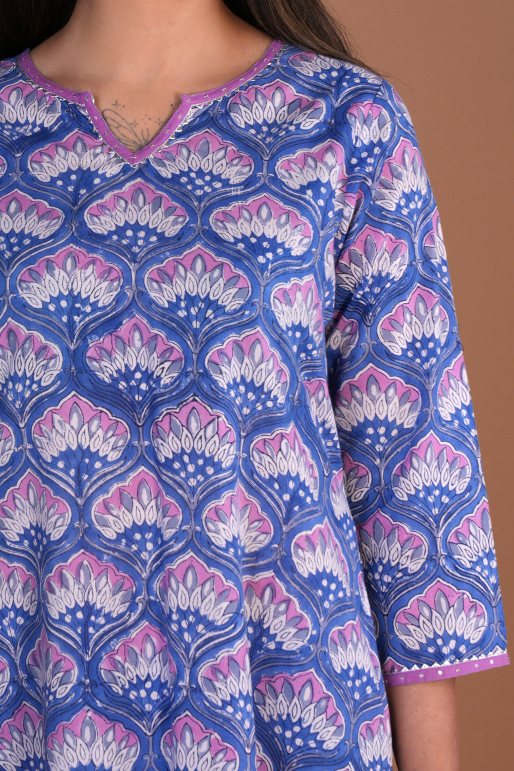 Image of Lilac block printed cotton kurta and pants set