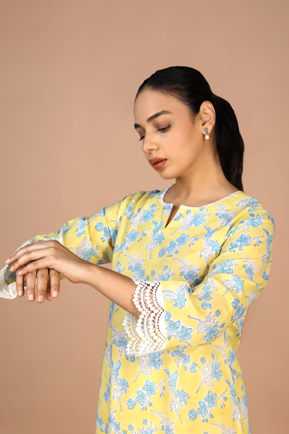 Image of Pastel Yellow Handblock printed Kurti, pants and dupatta set