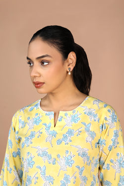 Image of Pastel Yellow Handblock printed Kurti, pants and dupatta set