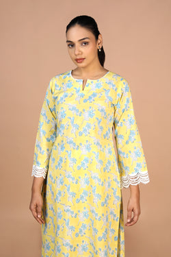 Image of Pastel Yellow Handblock printed Kurti, pants and dupatta set