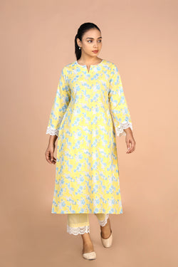 Image of Pastel Yellow Handblock printed Kurti, pants and dupatta set