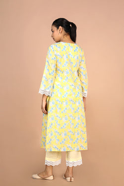 Image of Pastel Yellow Handblock printed Kurti, pants and dupatta set