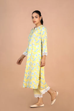 Image of Pastel Yellow Handblock printed Kurti, pants and dupatta set