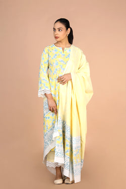 Image of Pastel Yellow Handblock printed Kurti, pants and dupatta set