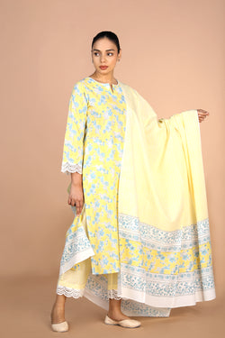 Image of Pastel Yellow Handblock printed Kurti, pants and dupatta set