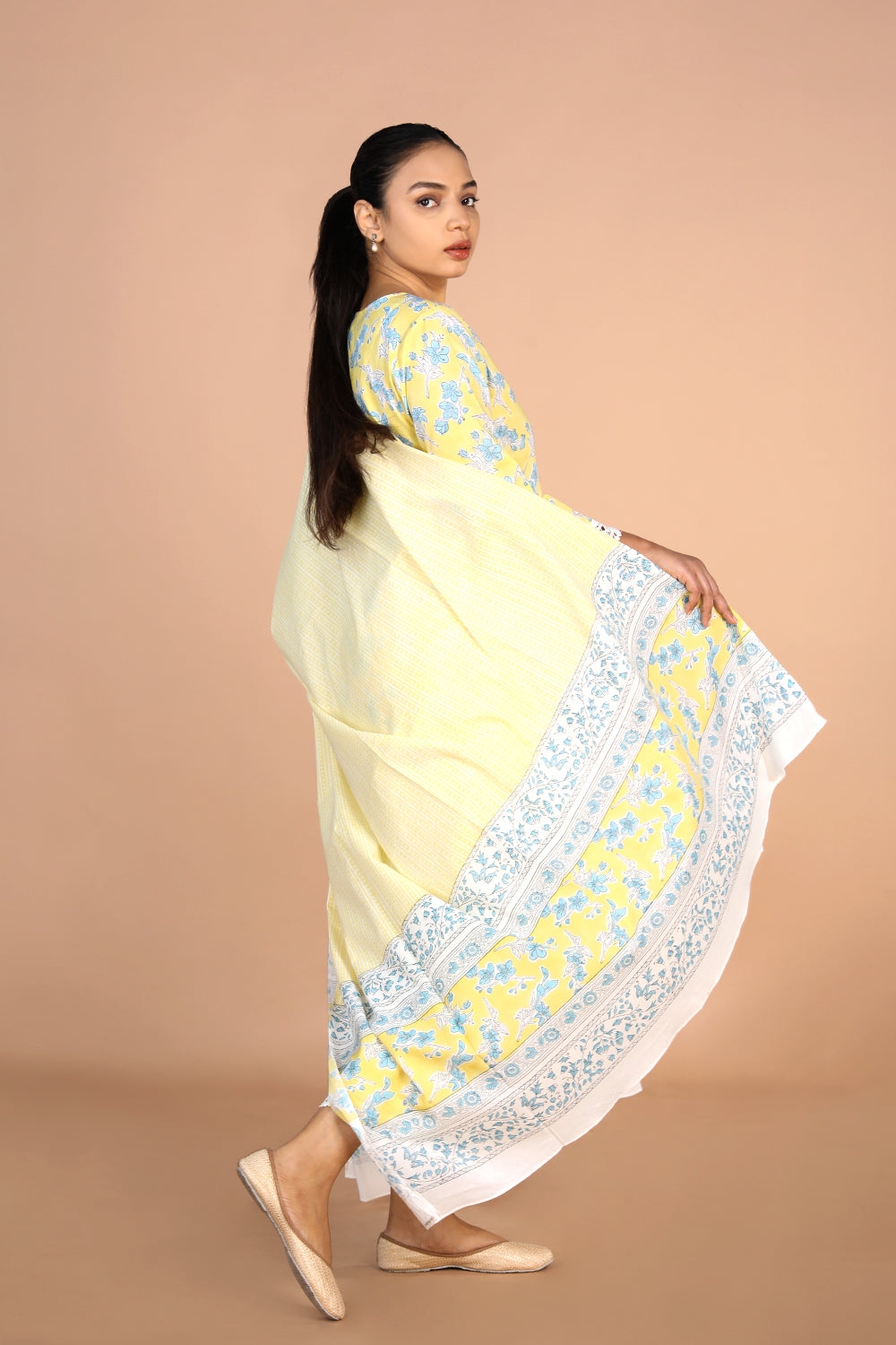 Pastel Yellow Handblock printed Kurti, pants and dupatta set