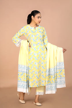 Image of Pastel Yellow Handblock printed Kurti, pants and dupatta set