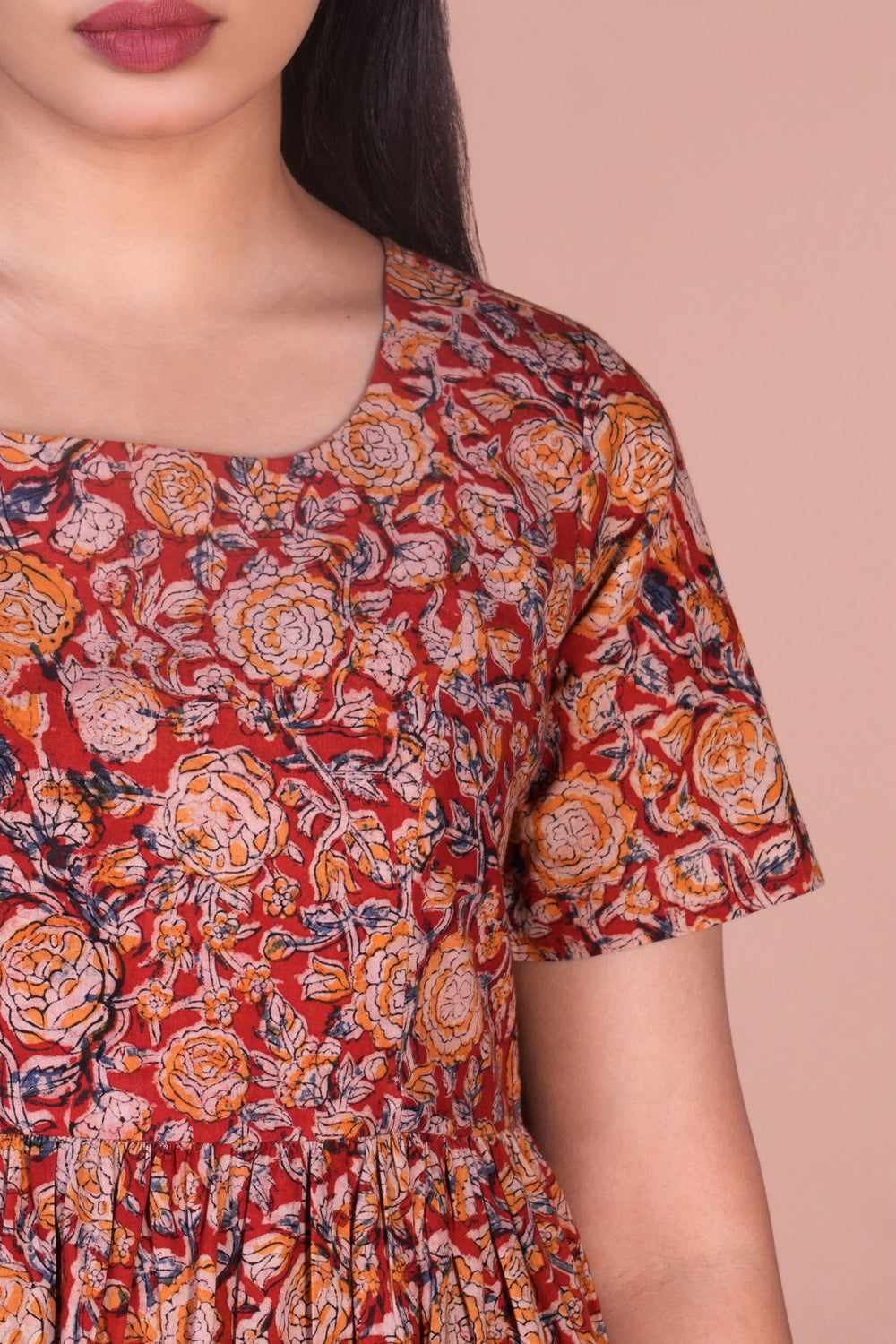 Red floral Kalamkari handblock printed dress