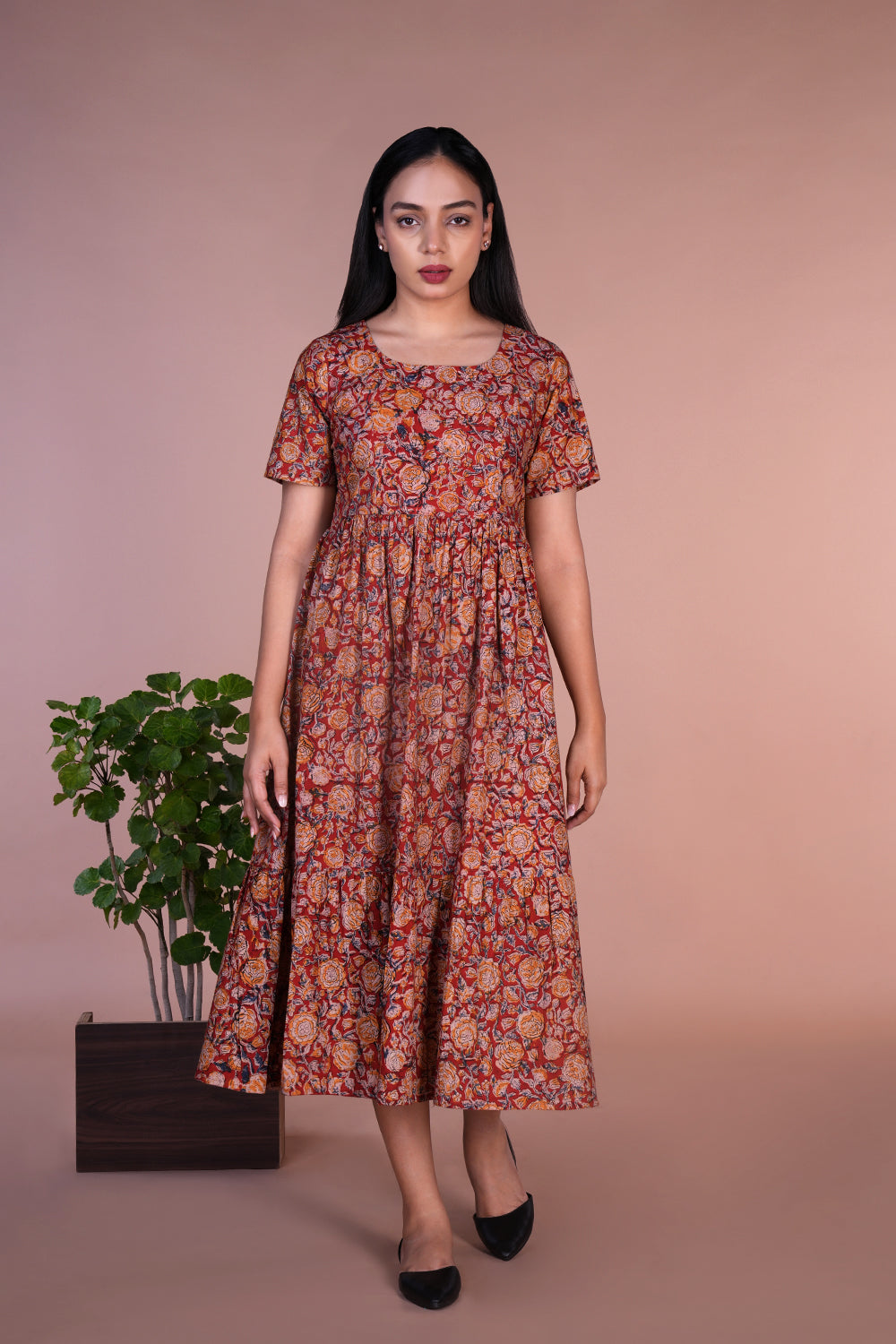 Red floral Kalamkari handblock printed dress