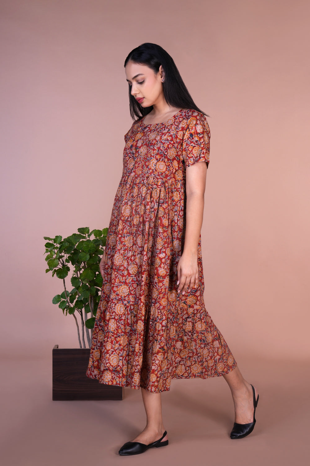 Maroon floral Kalamkari dress