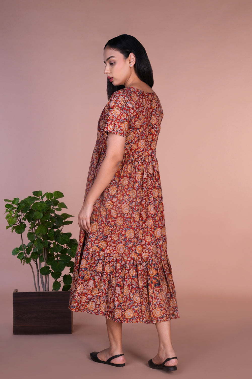 Red floral Kalamkari handblock printed dress