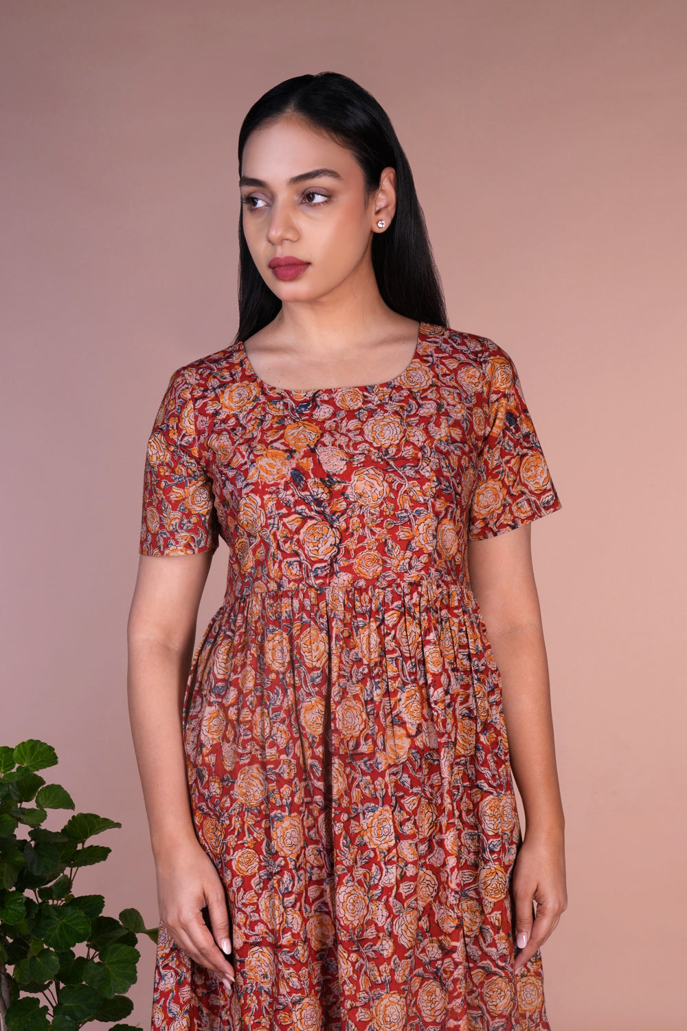 Red floral Kalamkari handblock printed dress