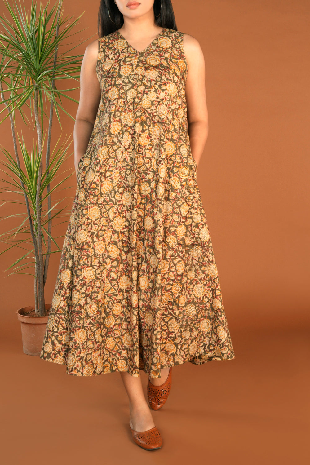 Olive green floral Kalamkari handblock printed dress