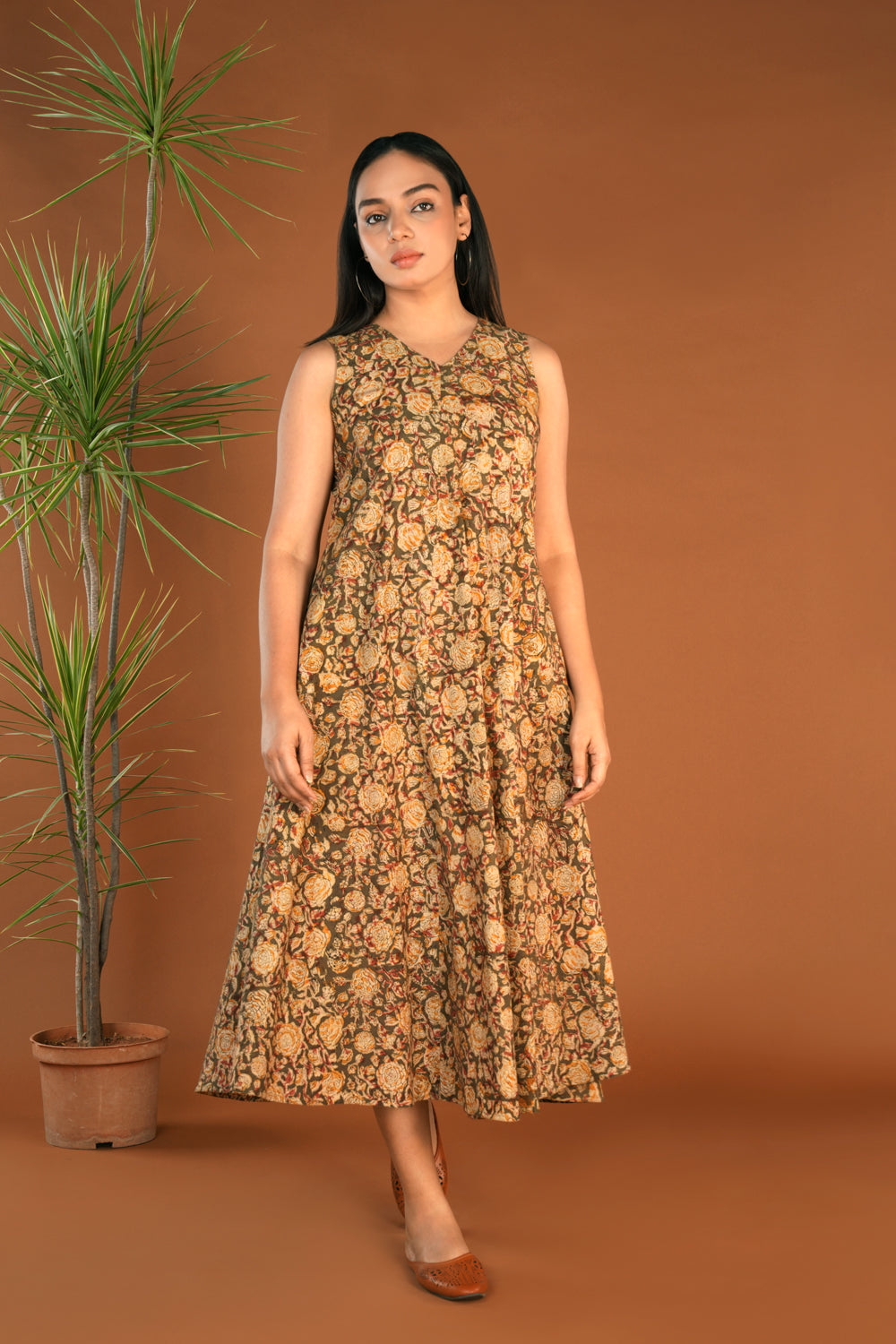 Olive green floral Kalamkari handblock printed dress