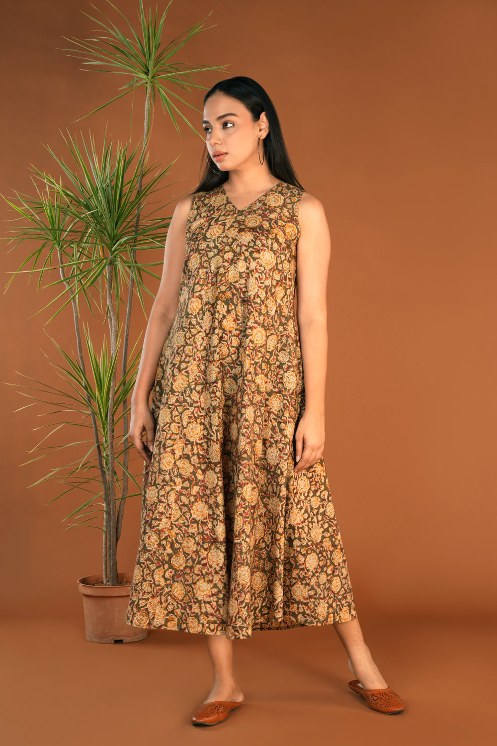 Olive green floral Kalamkari handblock printed dress