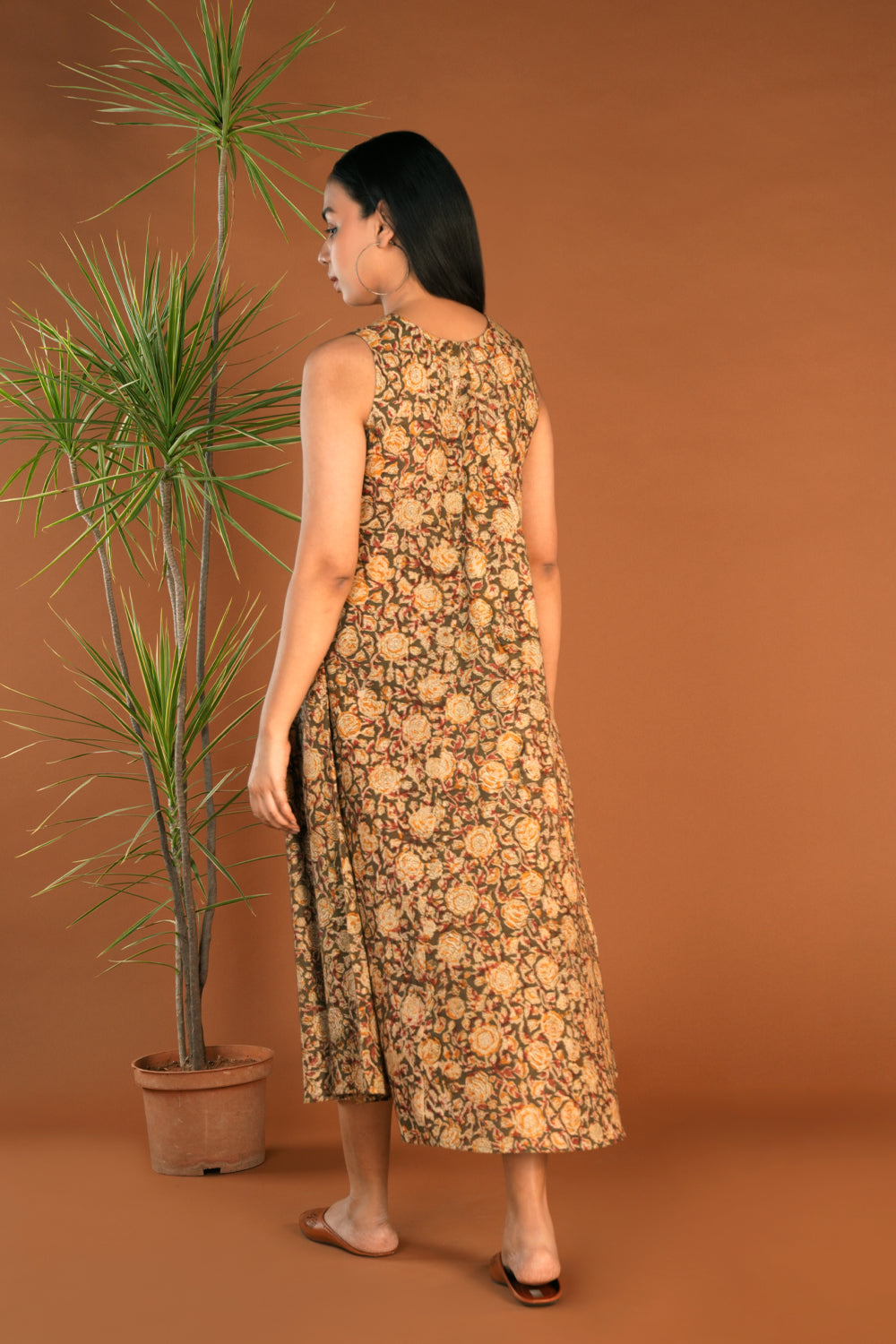 Olive green floral Kalamkari handblock printed dress