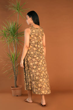 Image of Olive green floral Kalamkari handblock printed dress