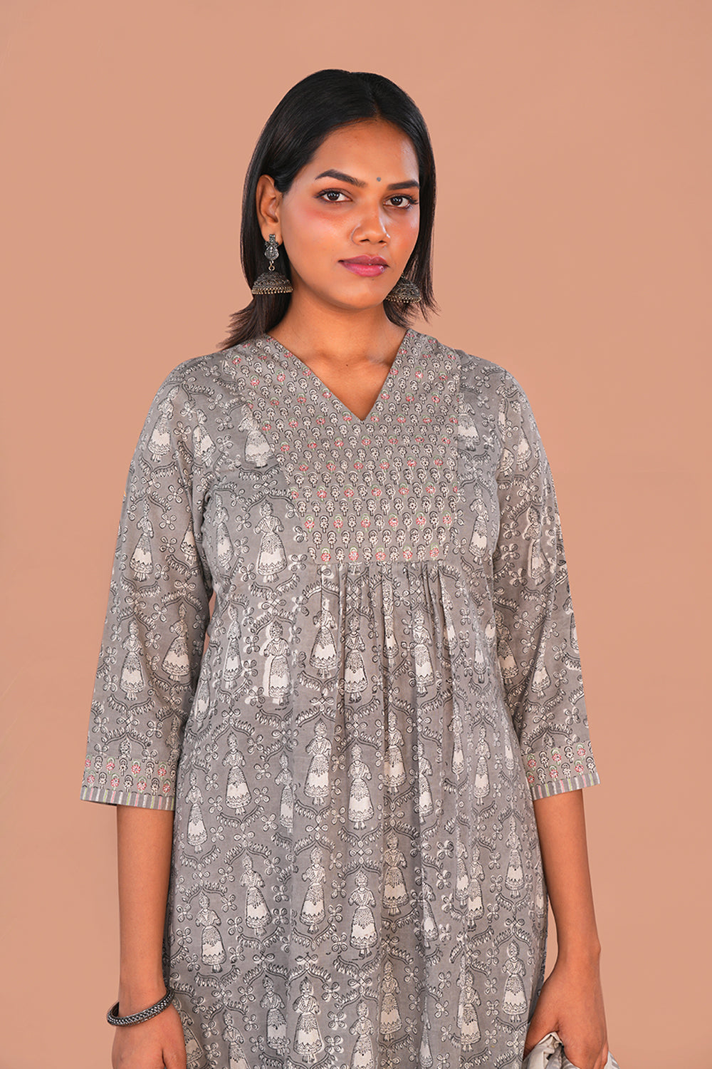 Image of Grey Dancing Kondapalli Doll Bagru Block Printed Cotton Set