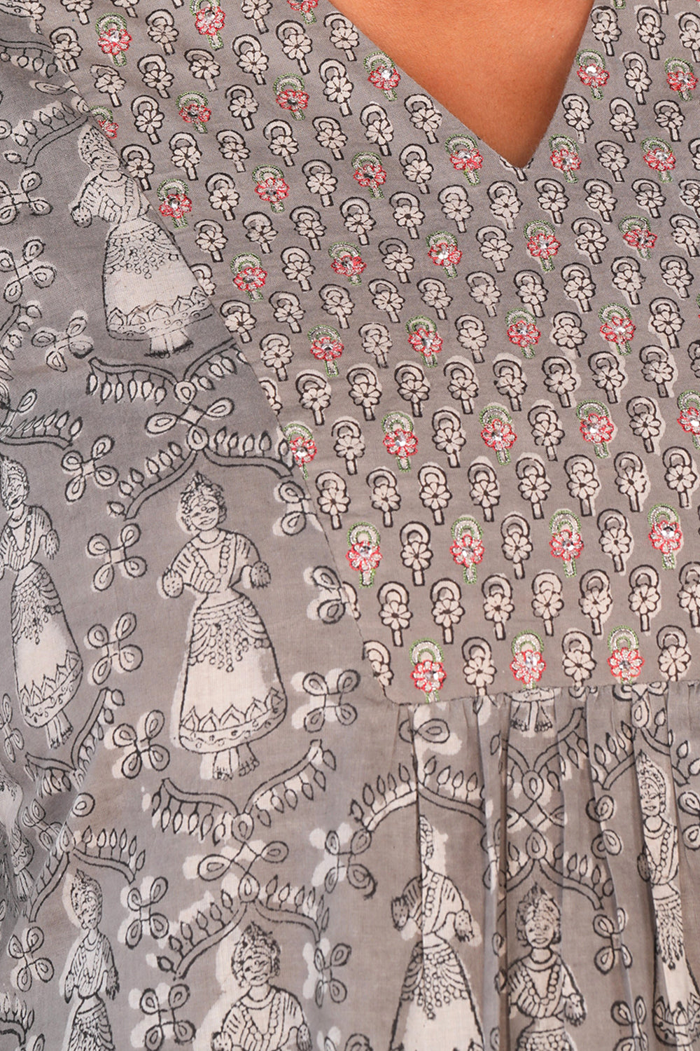 Image of Grey Dancing Kondapalli Doll Bagru Block Printed Cotton Set