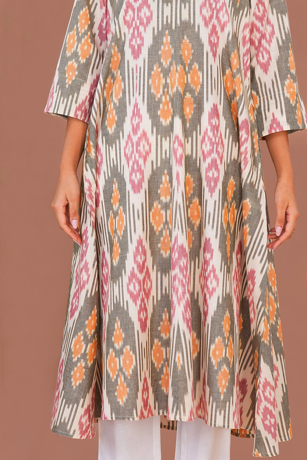 Image of Ivory Pochampally Cotton Ikat Long Kurta