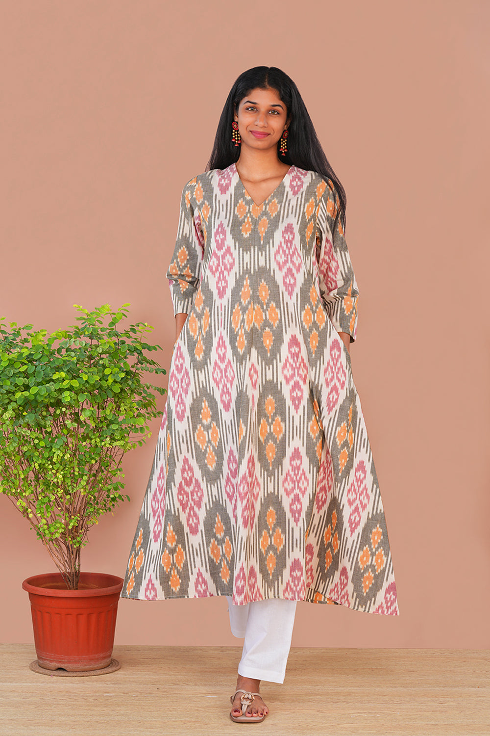 Image of Ivory Pochampally Cotton Ikat Long Kurta