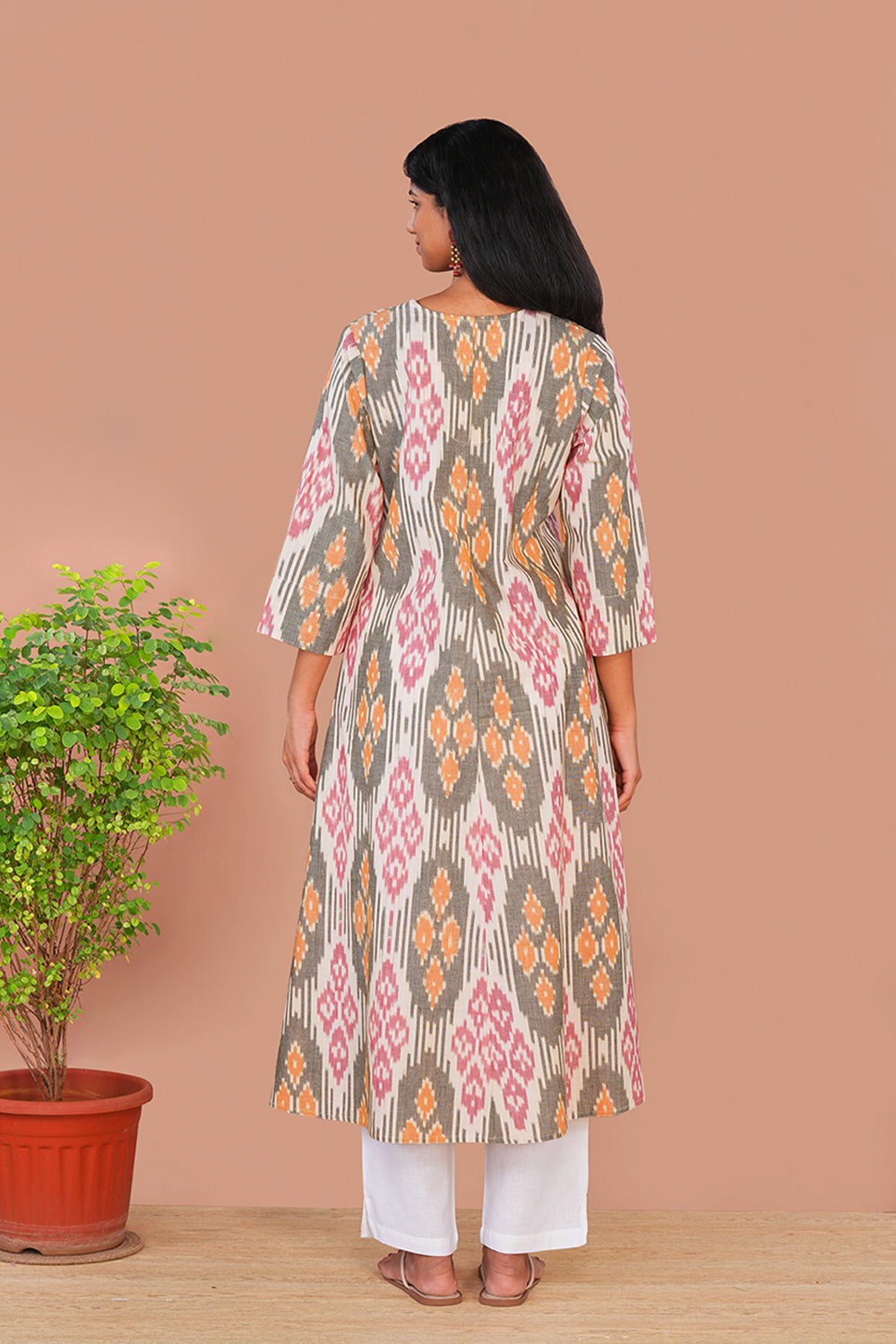 Image of Ivory Pochampally Cotton Ikat Long Kurta