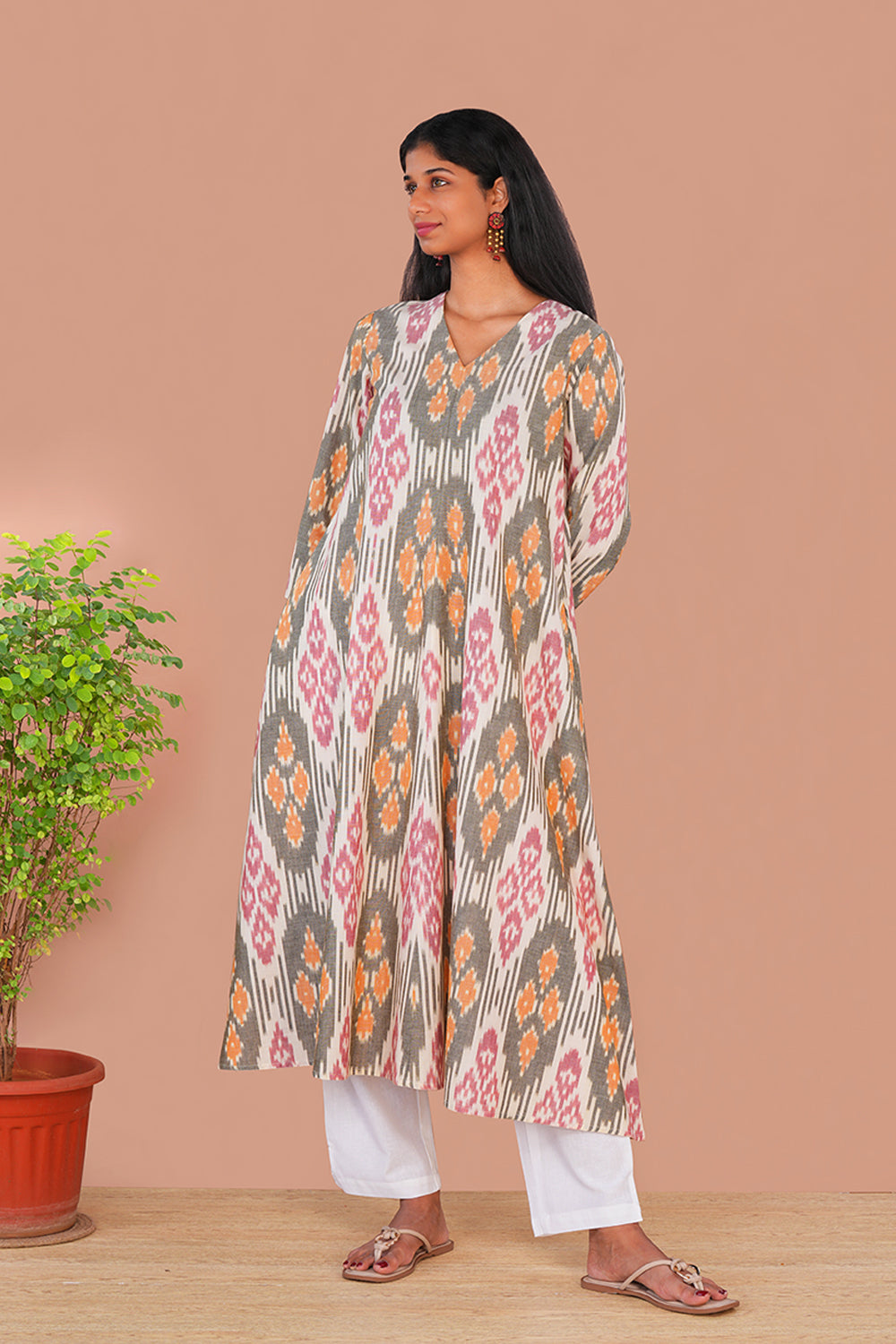 Image of Ivory Pochampally Cotton Ikat Long Kurta